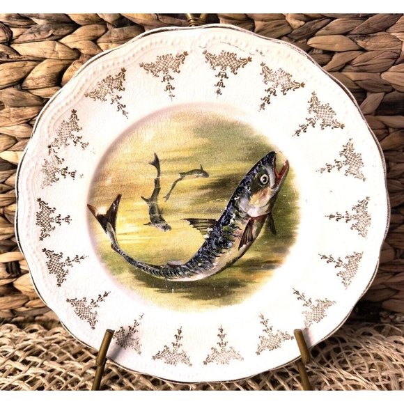 Antique Sterling China Fish Plates, Cabinet Plates, Wall Decor, SET/3 - Picture 5 of 12